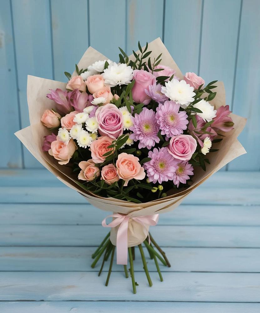Букет цветов из: Хризантемы, Розы и Альстромерии в Кузьмино