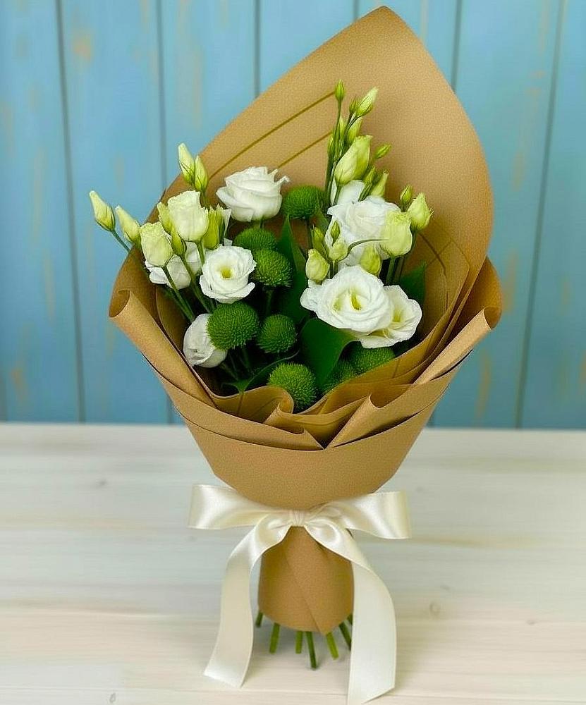 Букет цветов из: Хризантемы и Лизиантусы в Кузьмино