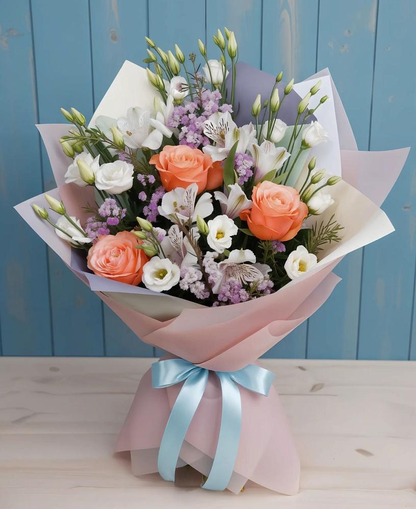 Букет цветов из: Лизиантусы, Розы, Альстромерии и Гипсофила в Кузьмино