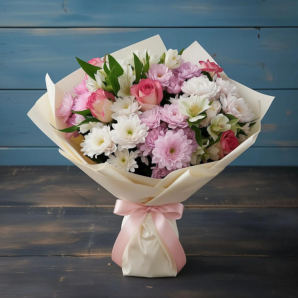 Букет цветов из: Хризантемы, Альстромерии и Розы в Кузьмино